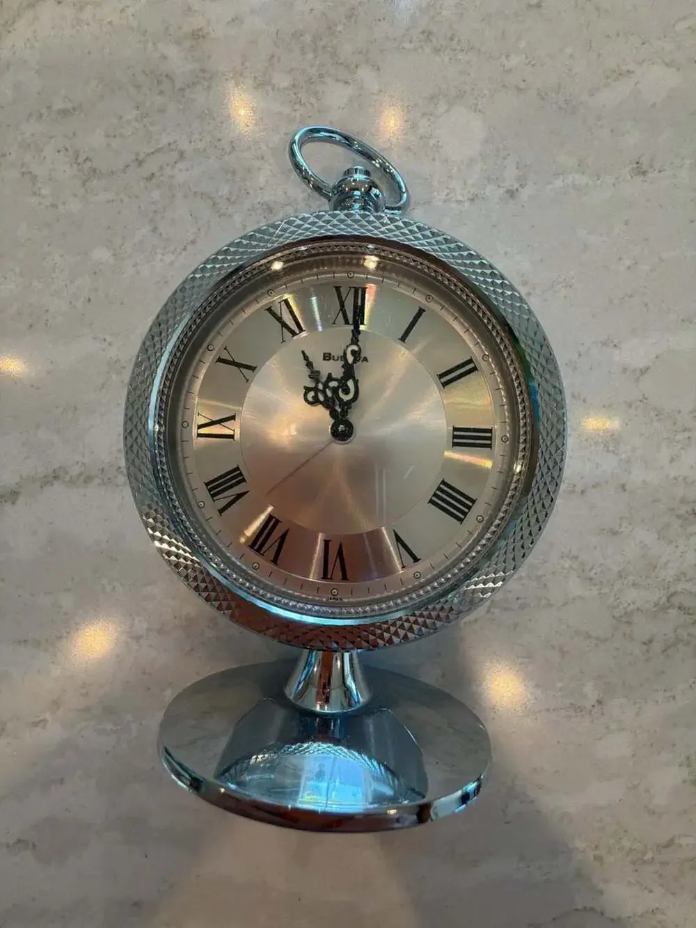 Bulova Silver-Tone Mechanical Wind-Up Tabletop Alarm Clock with Ring Top